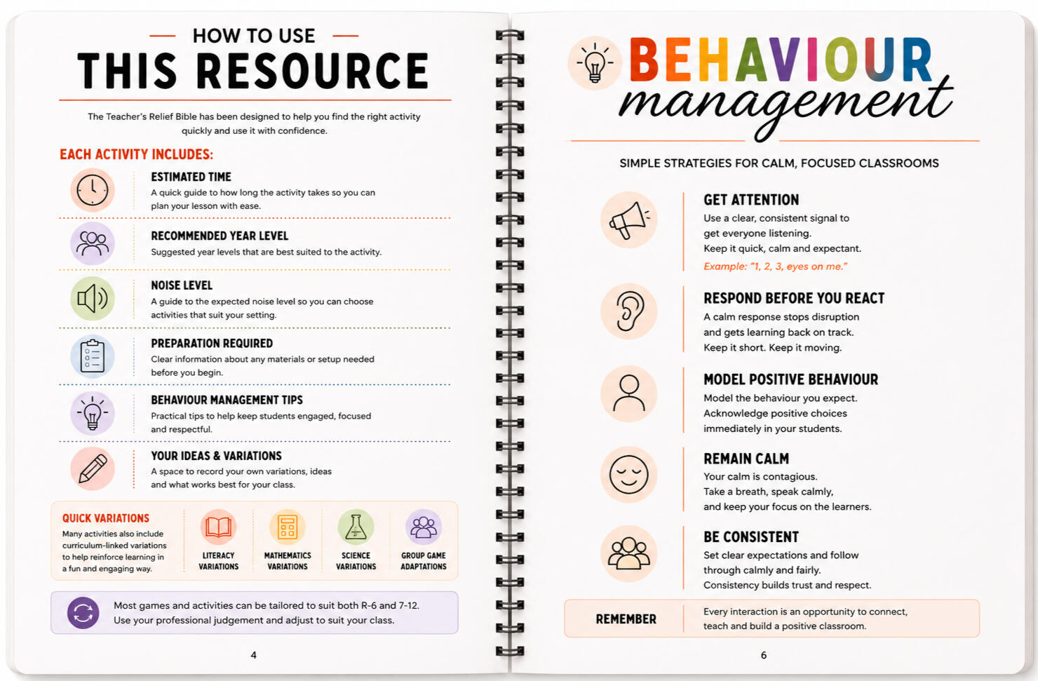 The Teacher’s Relief Bible behaviour management guide and classroom strategies resource with no-prep activities, teacher tips and support for Australian relief teachers and F–12 classrooms.